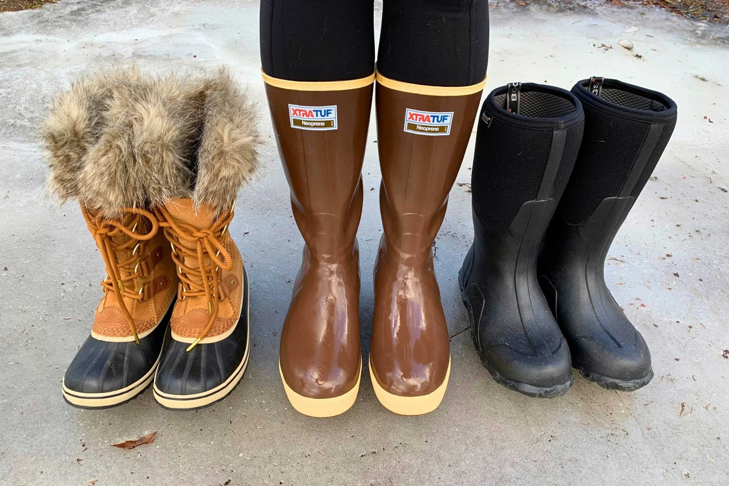 A side-by-side comparison of Sorel Joan of Arctic, Xtratuf Legacy, and Bogs Classic boots.