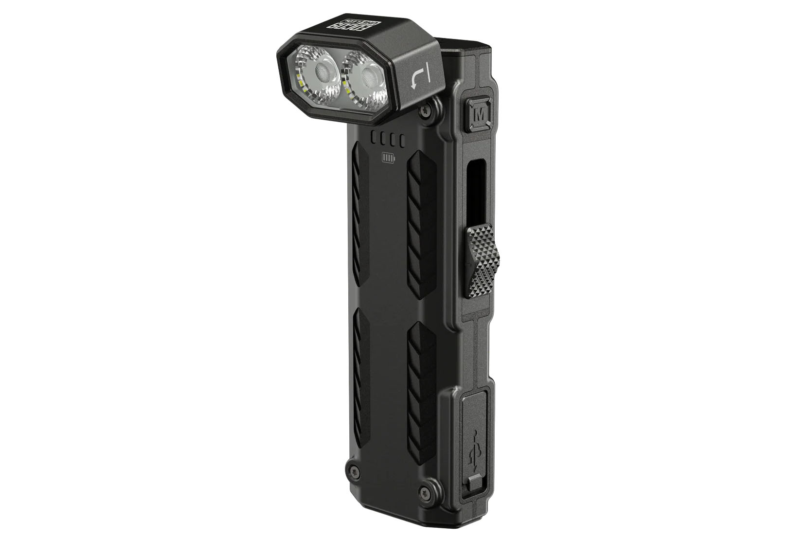 The Nitecore EDC09 flashlight with its head tilted at an angle to demonstrate its pivoting mechanism.