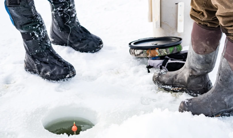 Ice fishing setup on the vast, frozen Fort Peck Reservoir in Montana.