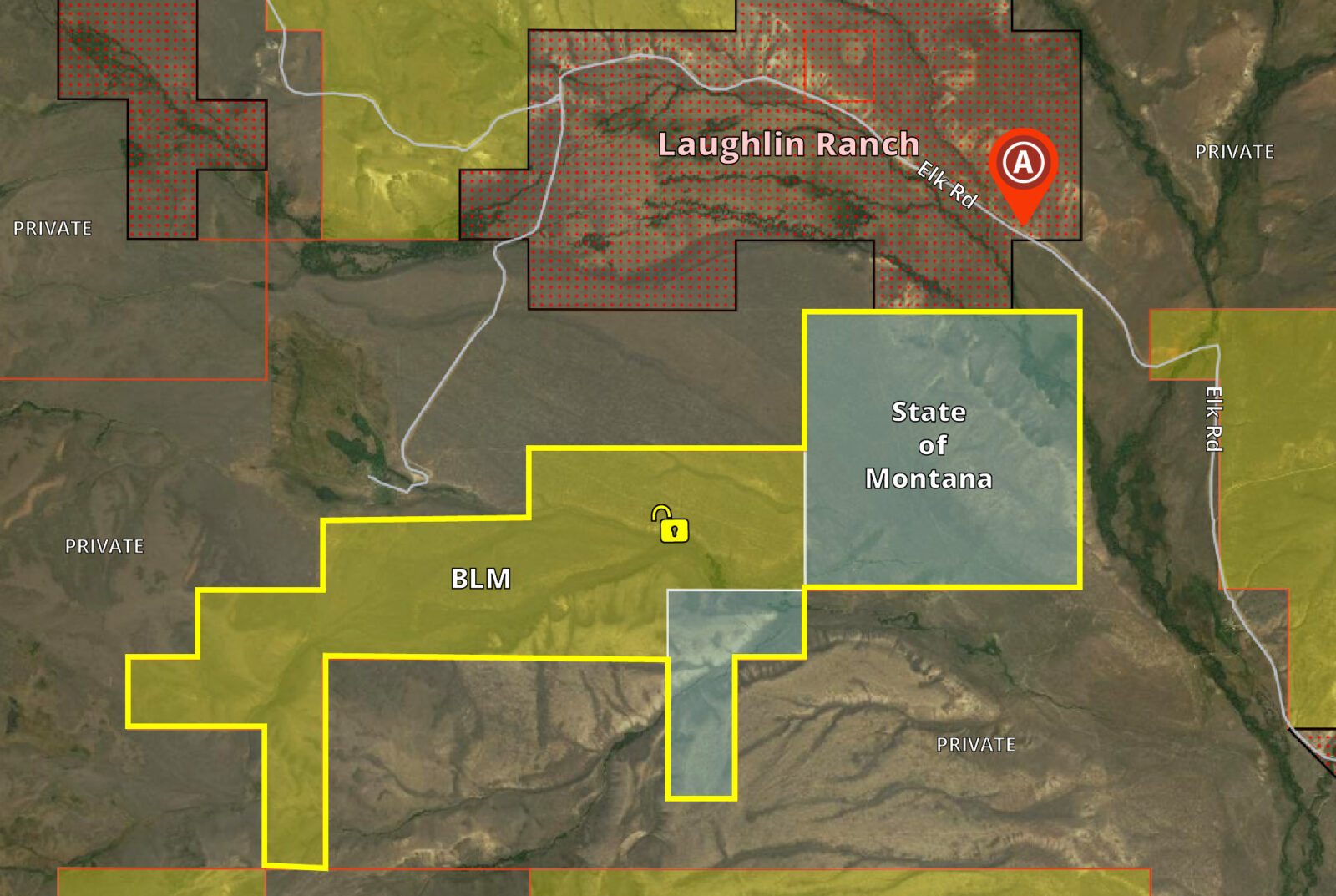 An illustrative map showing a strip of private land providing a corridor to a large public land parcel.