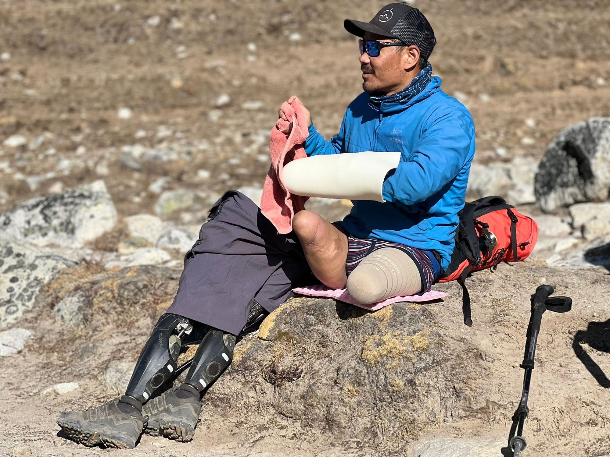 A close-up view of Hari Budha Magar's specialized short climbing prosthetics designed for high-altitude mountaineering.