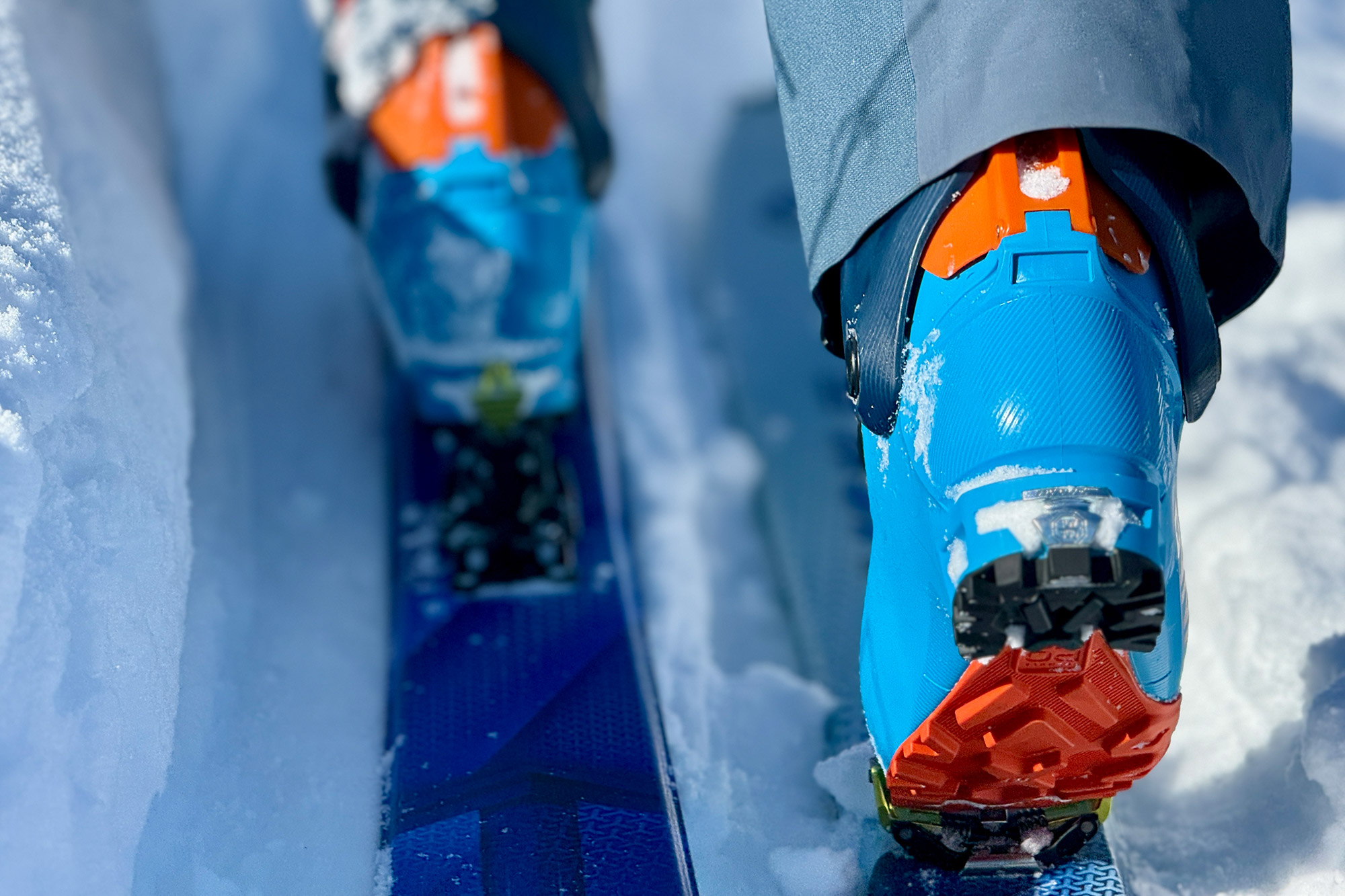 Macro view of the Dynafit TLT X heel locked into a tech binding on a ski.