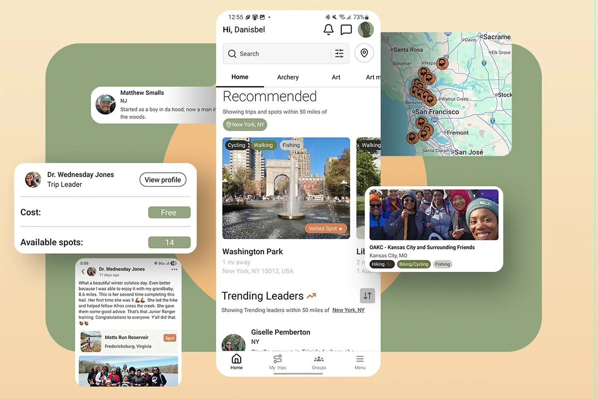 A smartphone display showing the interface of the Outdoor Afro app with community features.