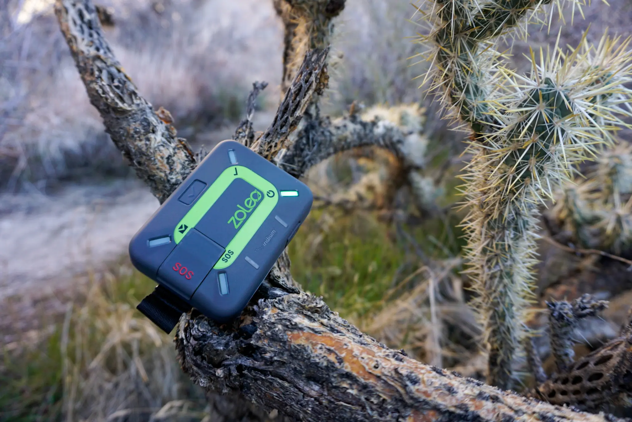 The Zoleo Satellite Communicator resting on a rock next to a cactus in a desert landscape.