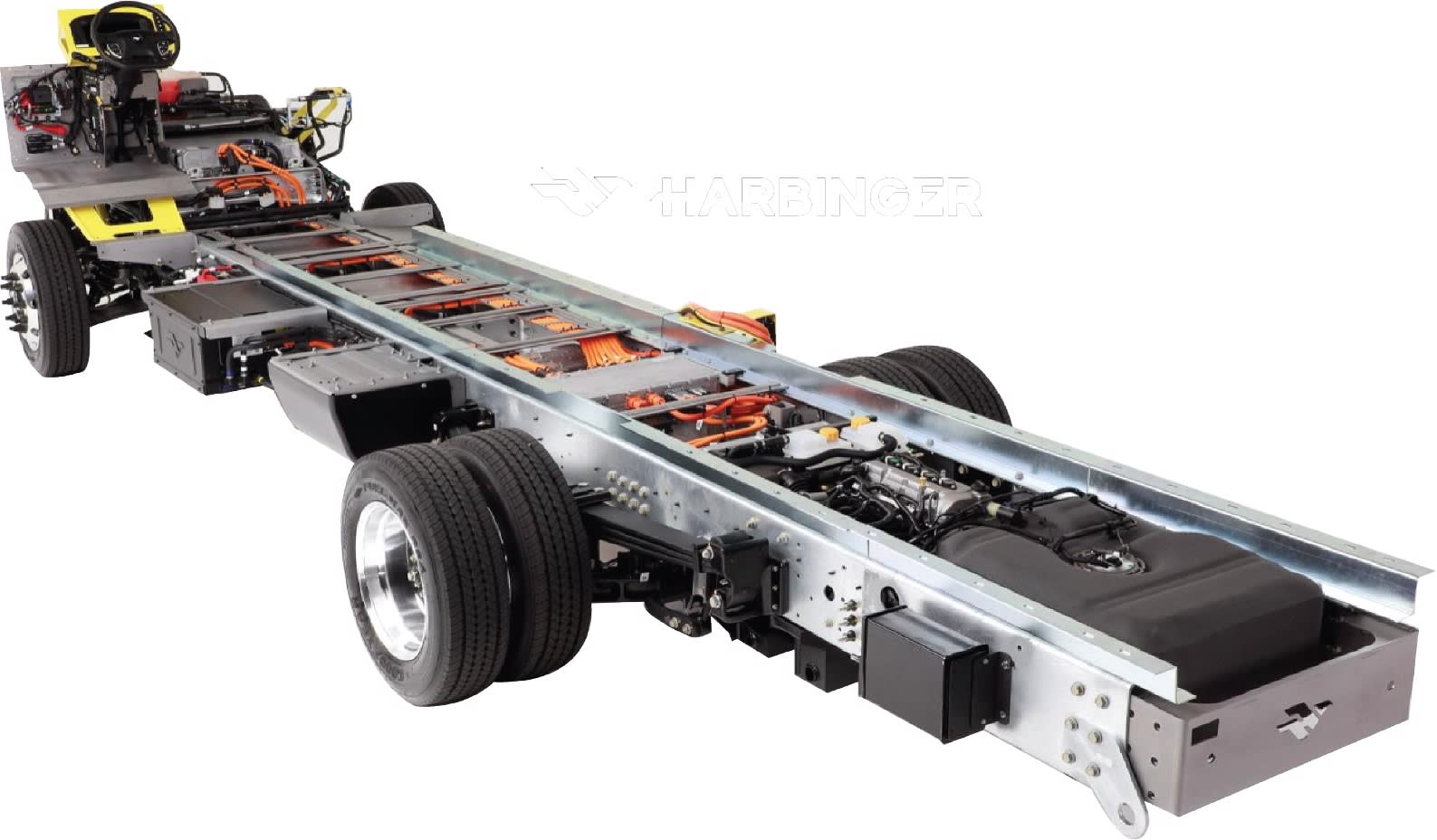 Technical view of the Harbinger electric chassis with central battery pack.