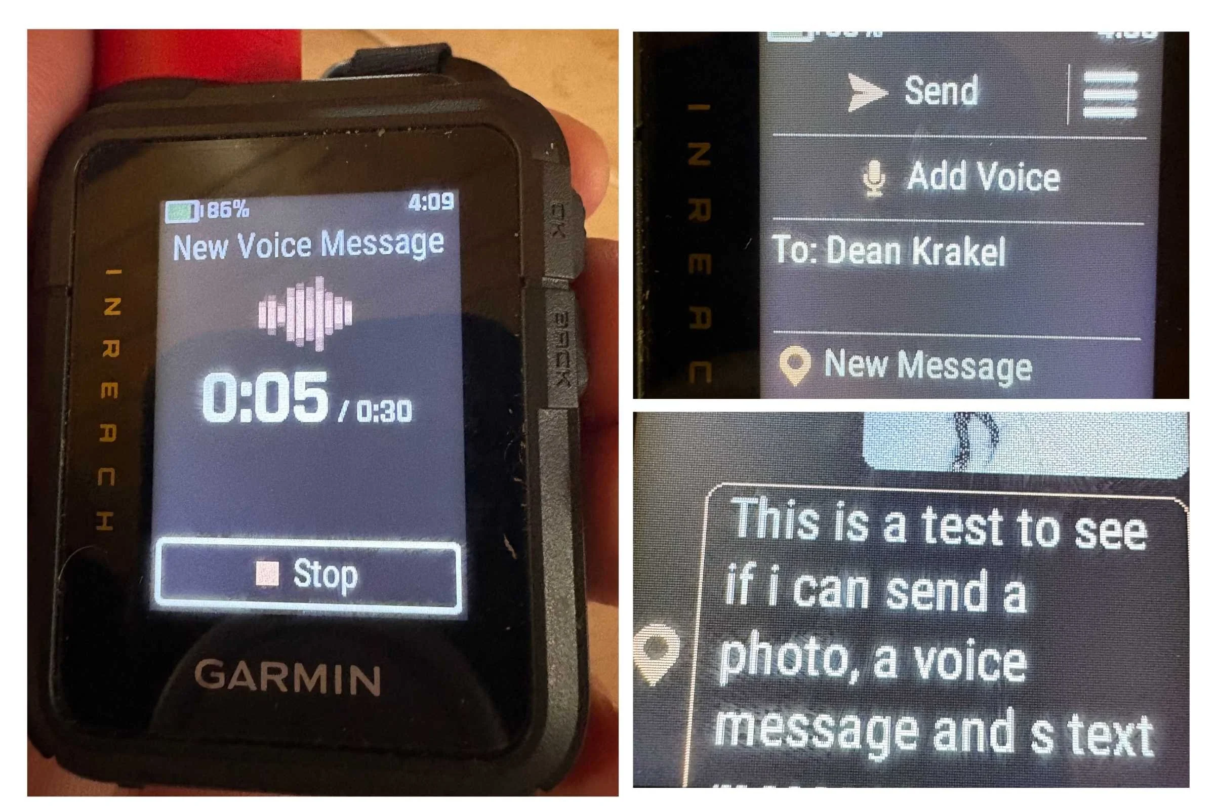 Split screen showing the Garmin inReach Mini 3 Plus receiving and sending voice messages.