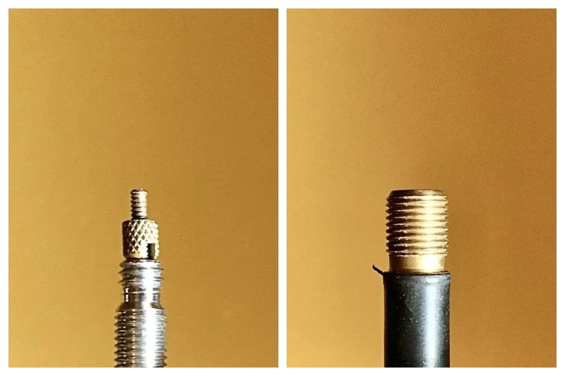 Side-by-side comparison of a thin Presta valve and a wider Schrader valve on bicycle rims.