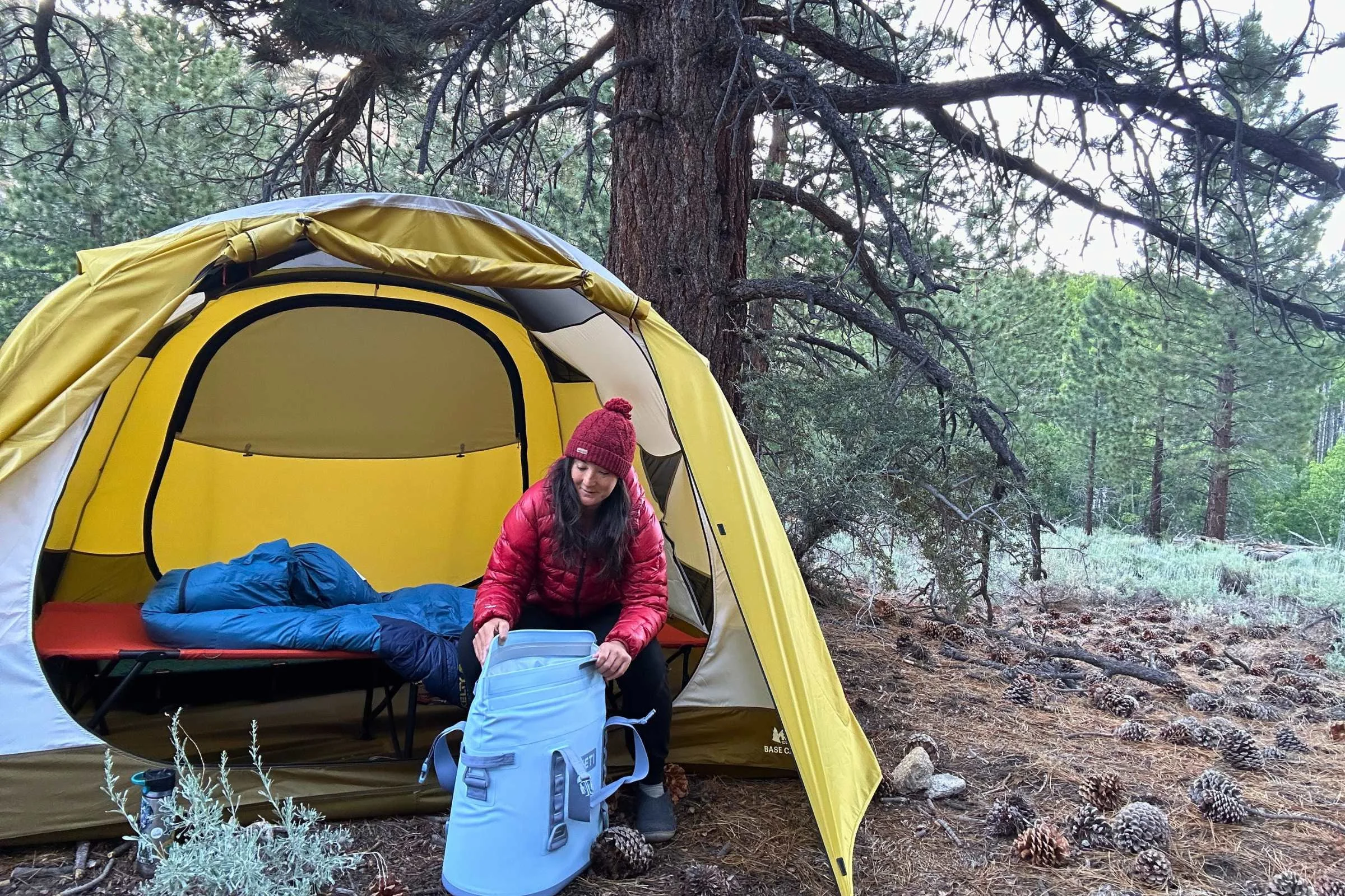 A camper stands at the large vestibule entrance of an REI camping tent in a wooded area.