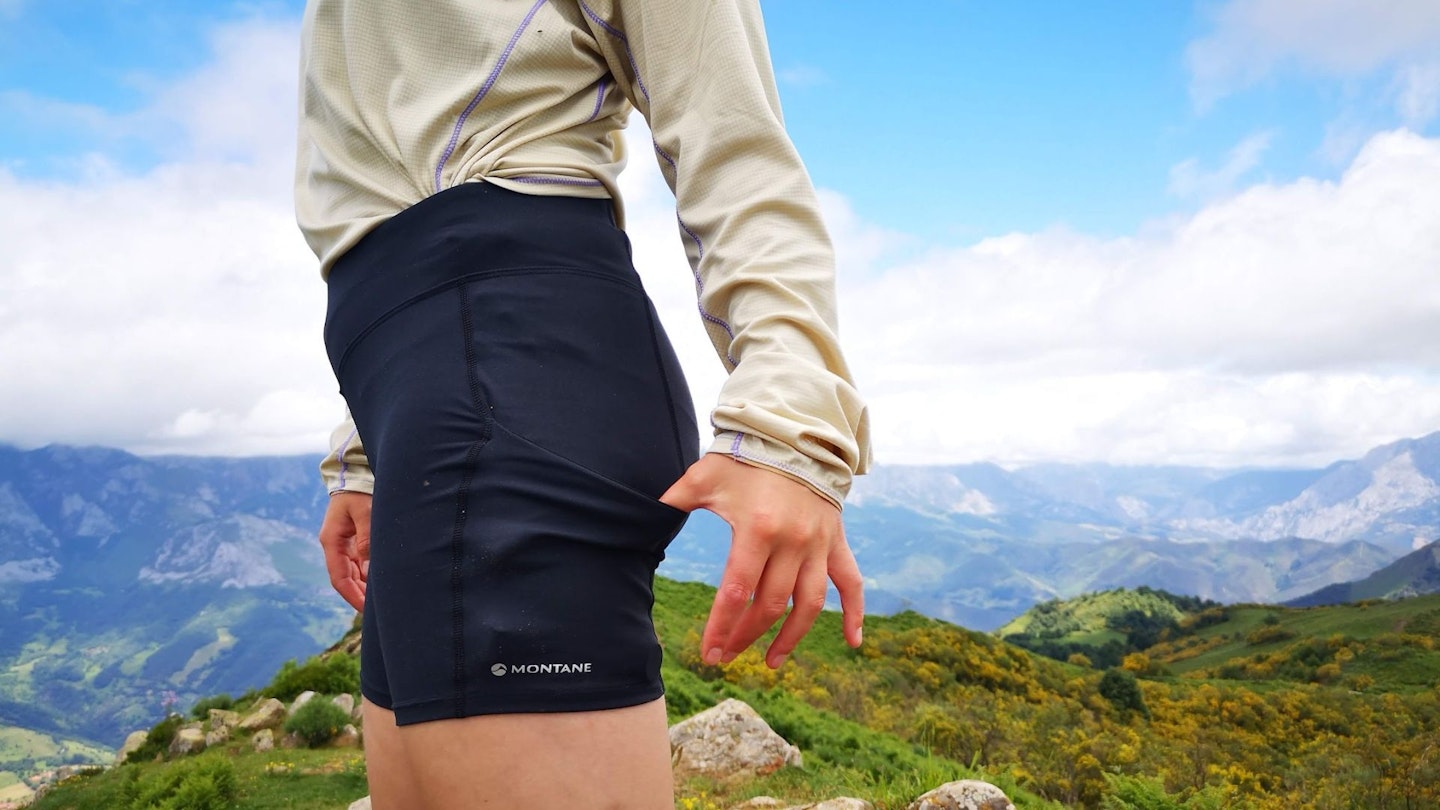 A detailed view of a side pocket on a pair of technical hiking shorts.