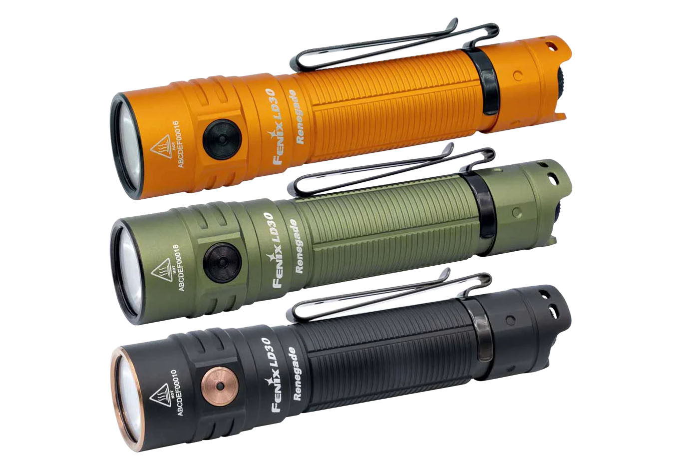 Three different color versions of the Fenix LD30 Renegade flashlight arranged horizontally.