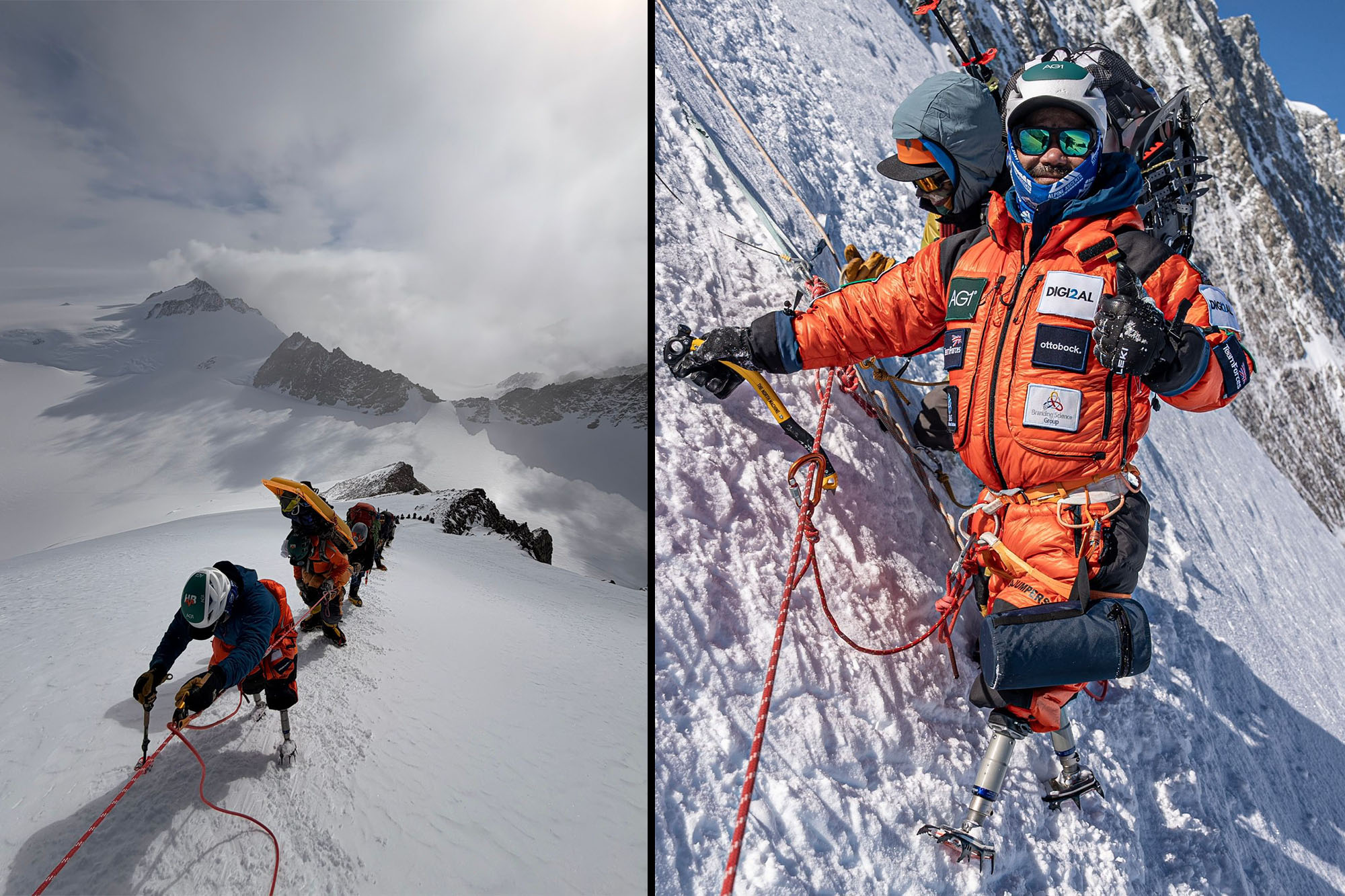 Hari Budha Magar and his team members roped together while navigating a glacier on Mt. Vinson.