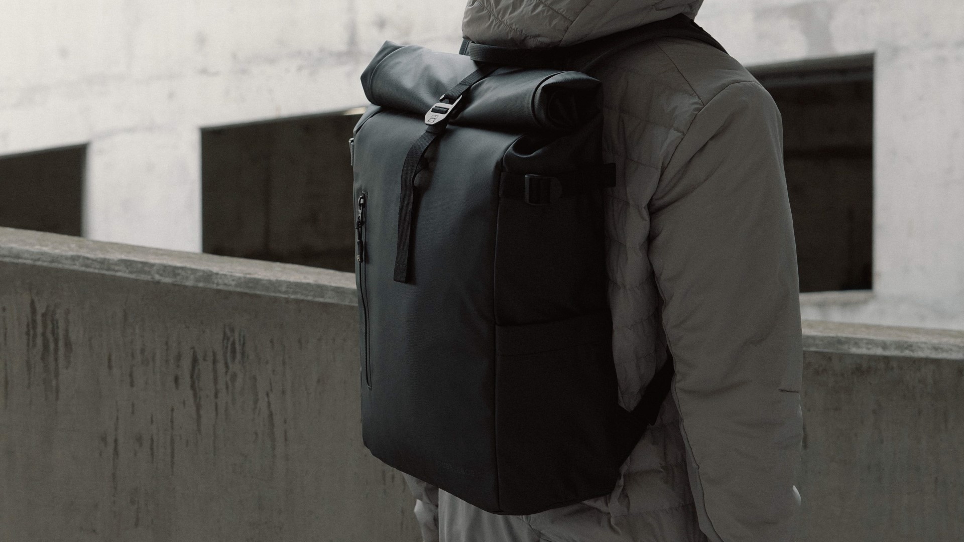 Stubble & Co The Roll Top 2nd gen backpack showing its unique closure system.