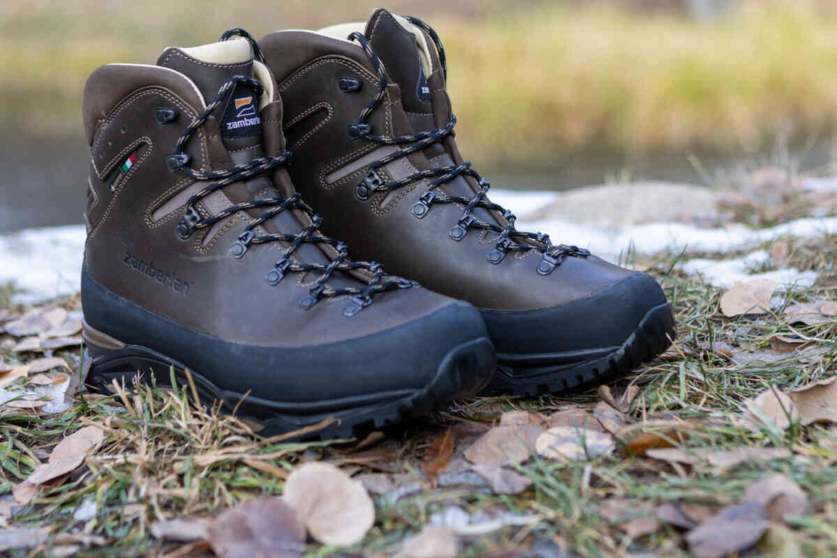 Close-up of the Zamberlan 972 Guide Max GTX boots showing the high-quality leather and outsole.