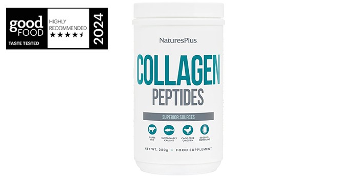 A container of NaturePlus collagen peptides powder on a clean surface.