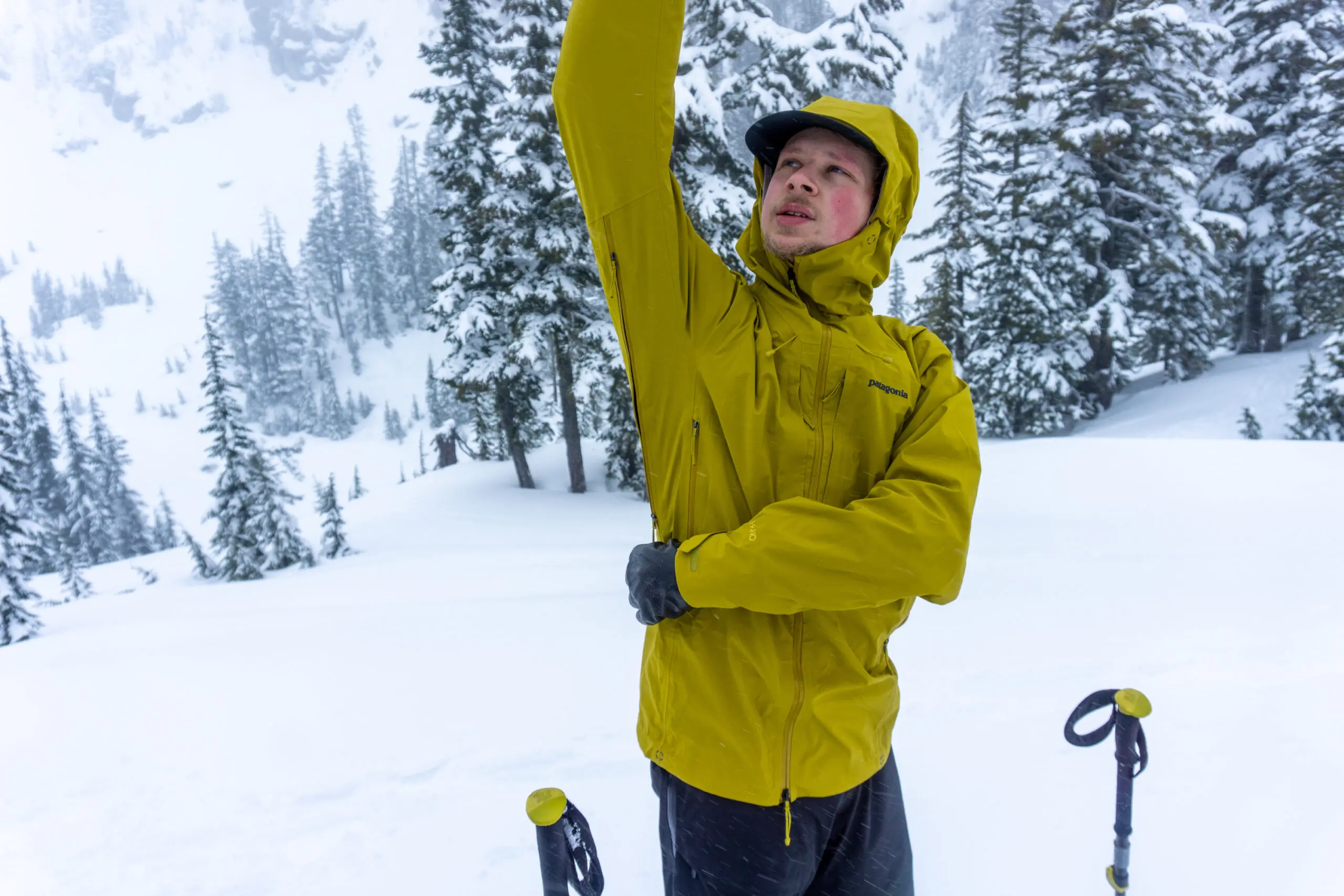 Close-up of a Patagonia rain jacket's pit zip ventilation system.