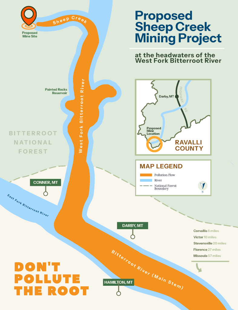 Map diagram illustrating the flow path of potential pollution from the Sheep Creek mine into the headwaters.