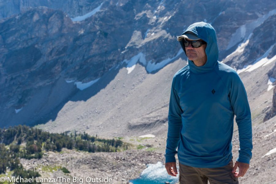 Close up of the Black Diamond Alpenglow Hoody showing its technical knit.