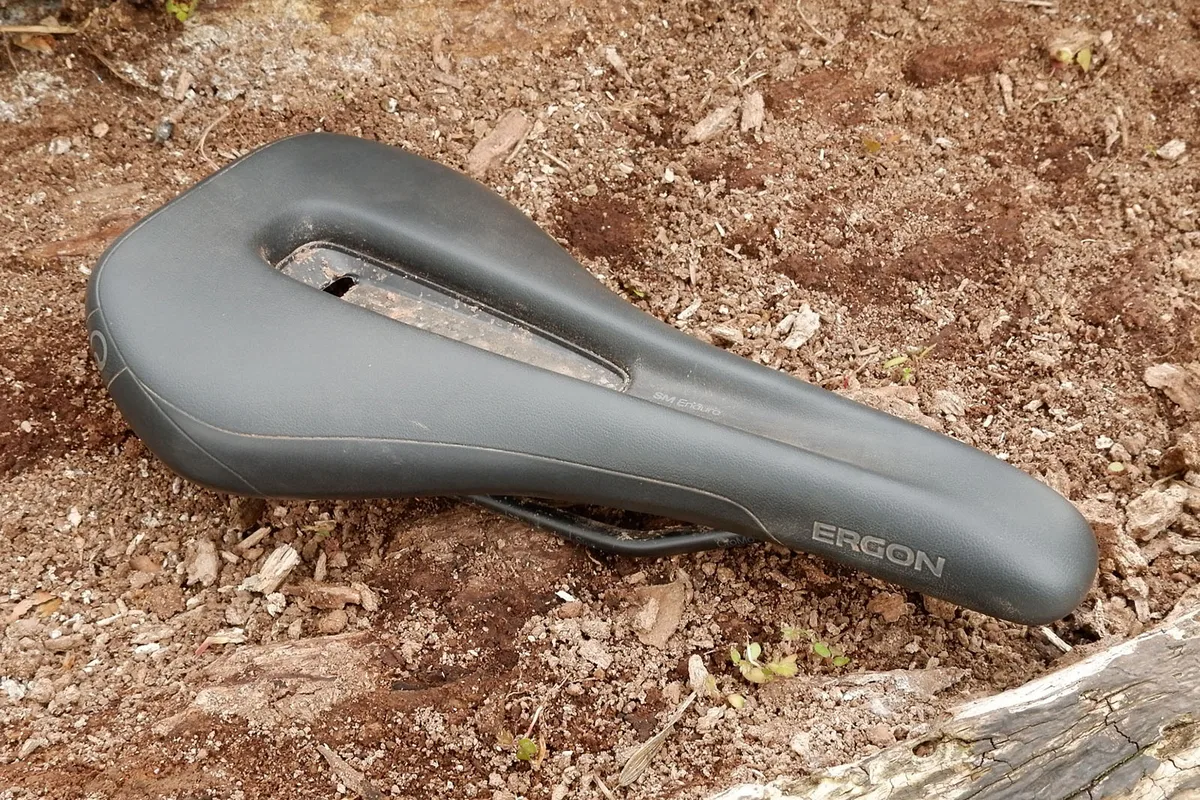The Ergon SM Enduro Men saddle showing its specialized ergonomic shape.