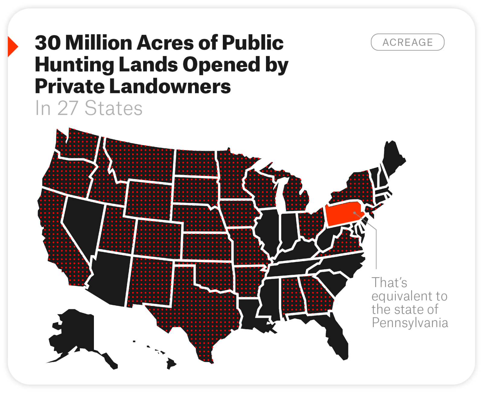 A map of the United States color-coded to show which states offer private land hunting access programs.