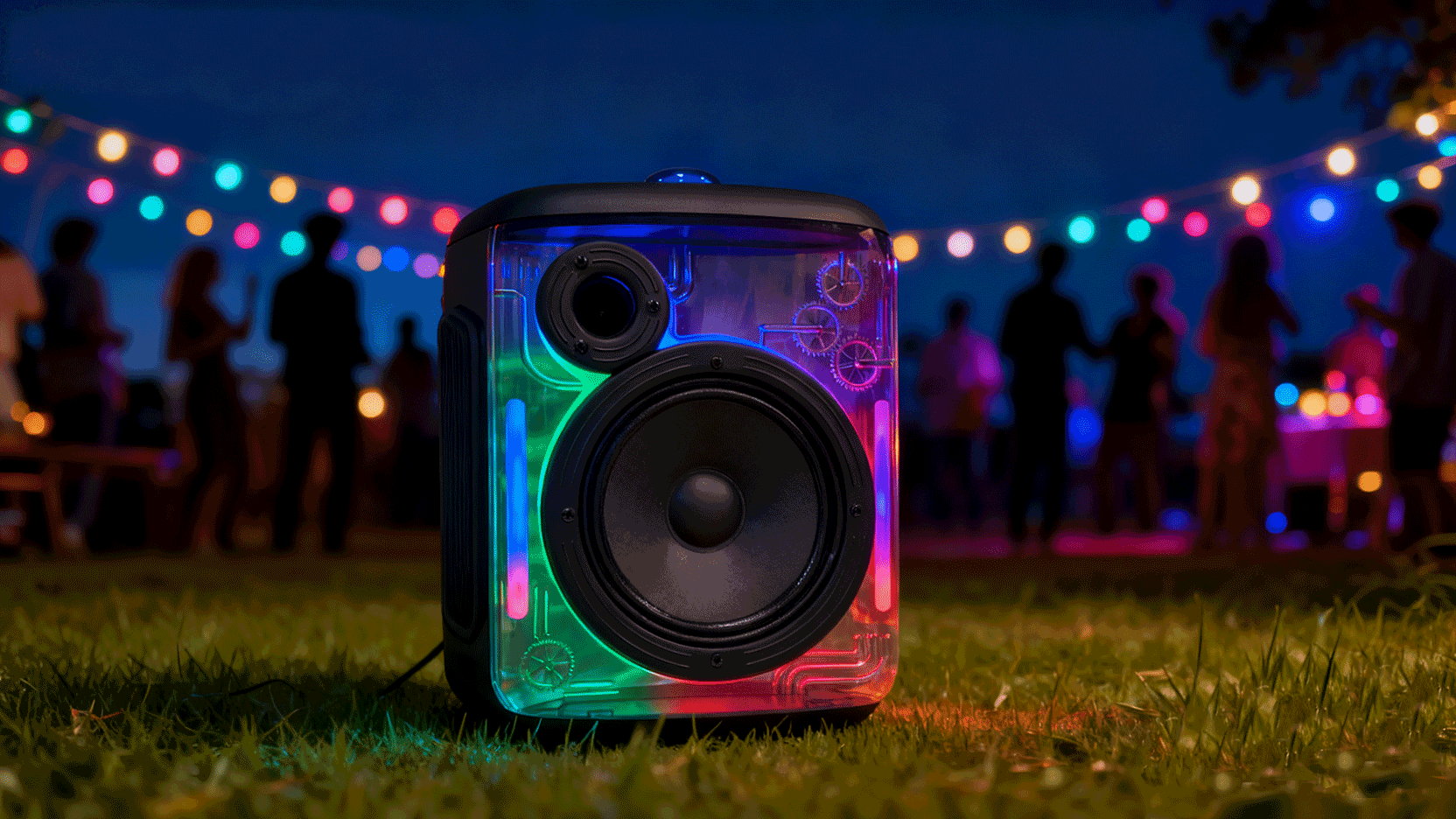 A large, rugged black party speaker with a top handle and circular light-up woofer detail.
