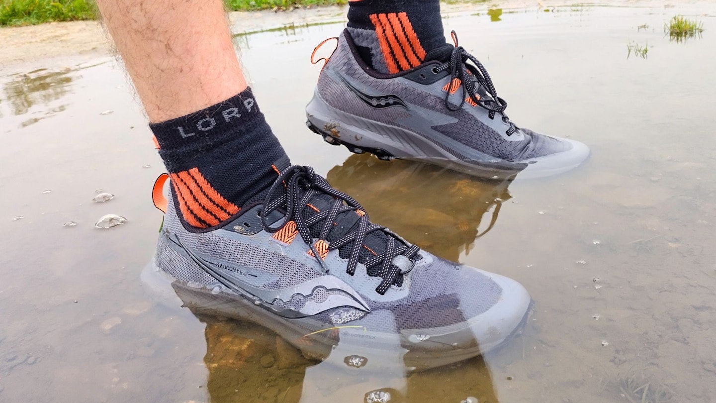 Saucony Peregrine 13 GTX standing in a shallow puddle for comparison.