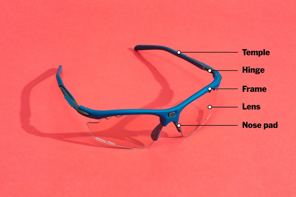 Technical diagram showing the different parts of sports sunglasses, including lenses, temples, and hinges.