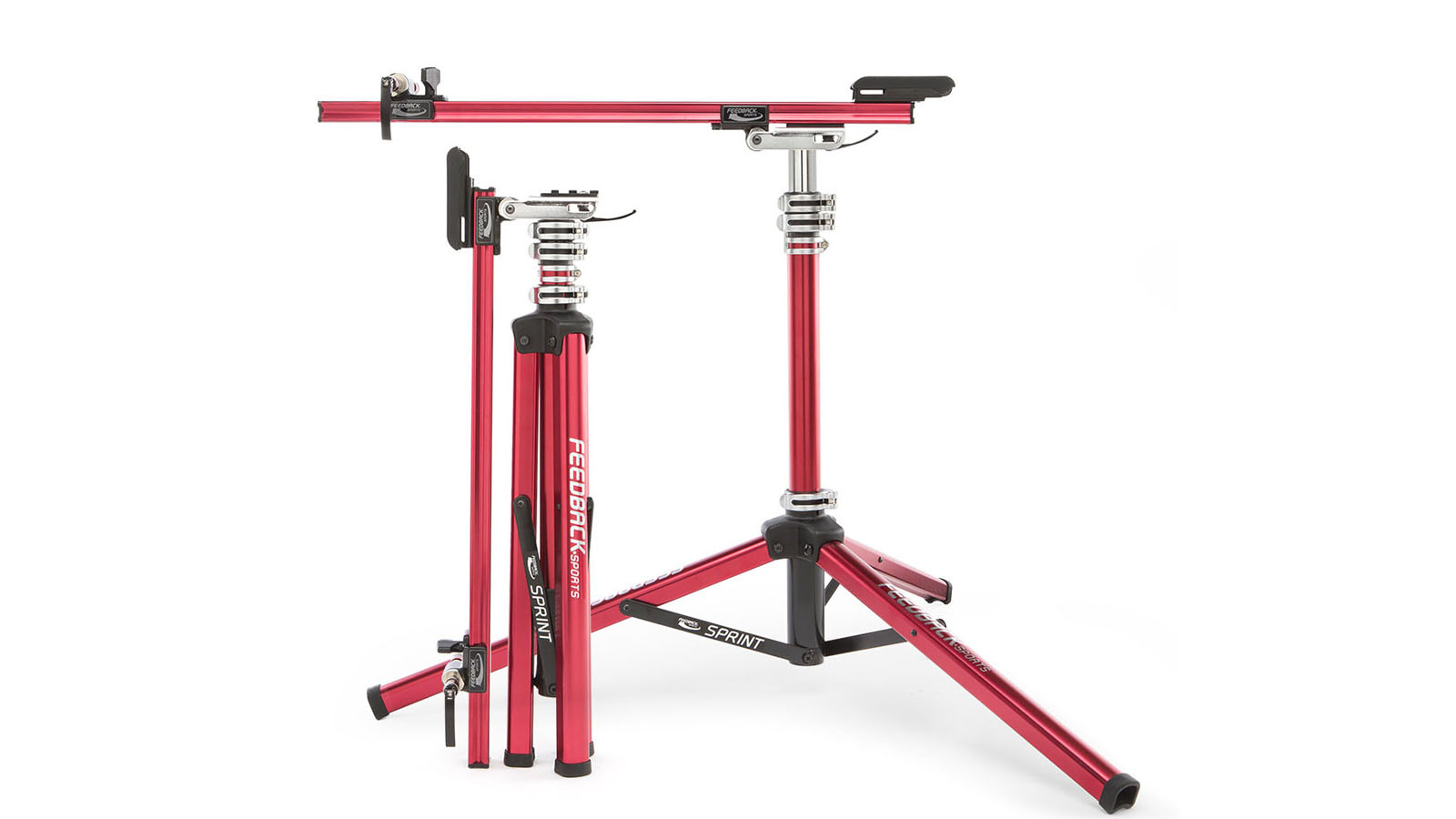 A bike mounted to a Feedback Sports Sprint axle-mounted repair stand by its front fork.