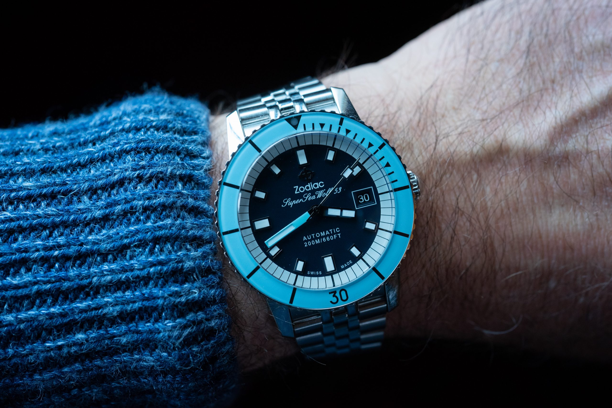 Zodiac Super Sea Wolf 53 on a wrist lifestyle shot