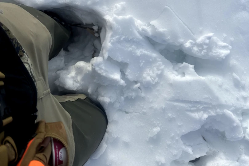 A hunter's lower legs and Kings Camo pants buried deep in a snowy South Dakota field.