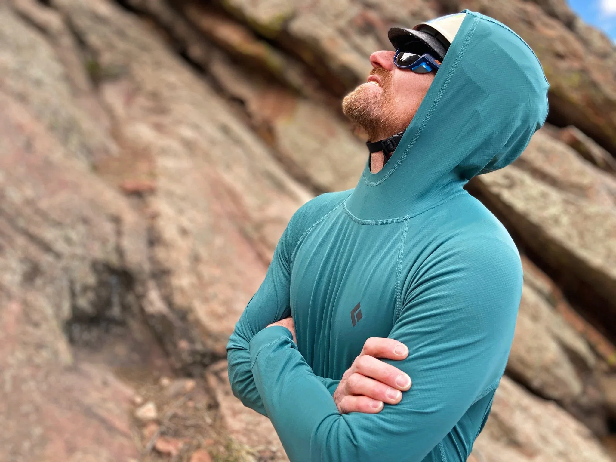 Macro shot of the hood on the Black Diamond Alpenglow hoodie.
