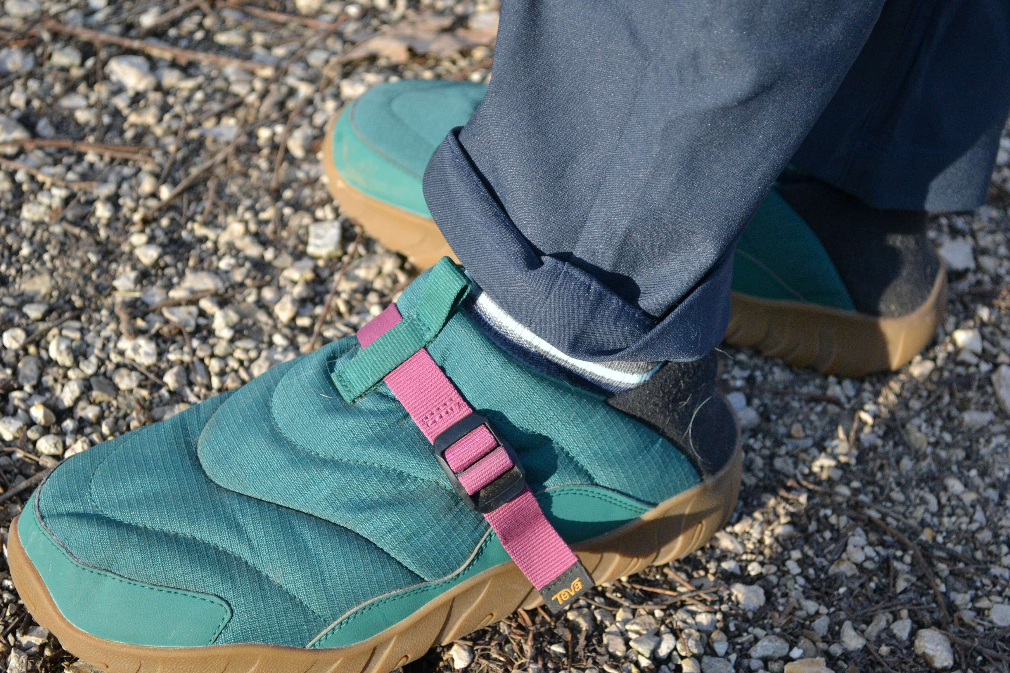 Close-up detail of the blue quilted ripstop upper on a Teva ReEmber slipper.