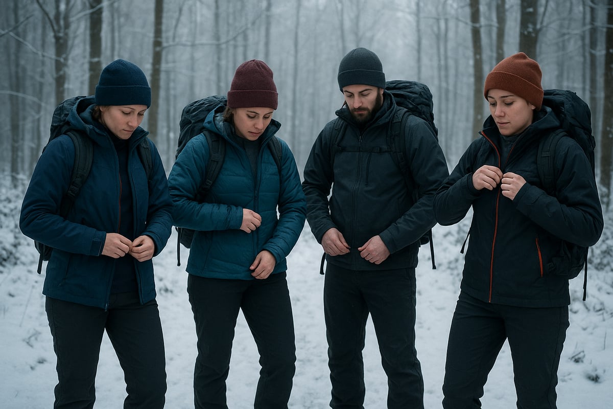An overhead view of various technical winter clothing items including base layers, shells, and gloves.