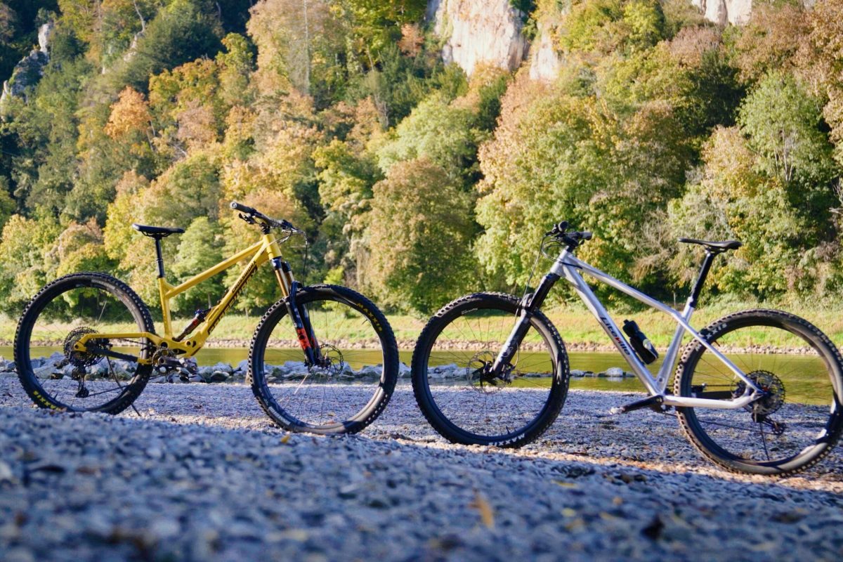 Infographic-style comparison showing the frame of a hardtail versus the rear shock setup of a full-suspension bike.