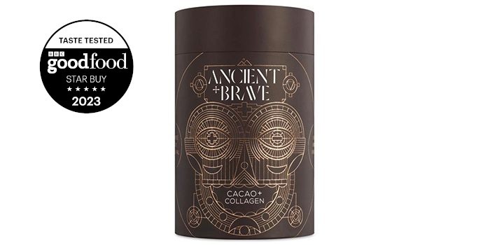 A jar of Ancient and Brave cacao and collagen powder.