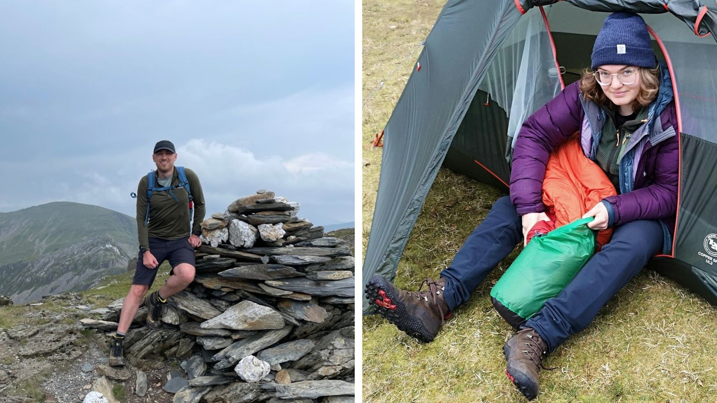 Gear testers Rob Slade and Fliss Freeborn posing with outdoor equipment.