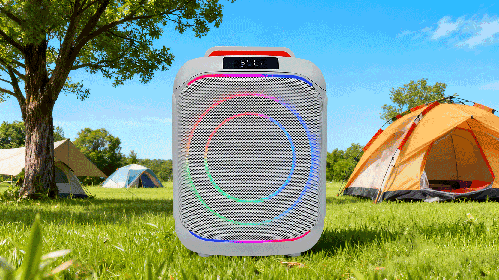 A close-up of a compact portable Bluetooth speaker with a grey mesh grille and small power button.