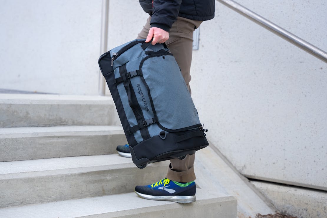 An Eagle Creek Cargo Hauler XT Wheeled Duffel standing upright.