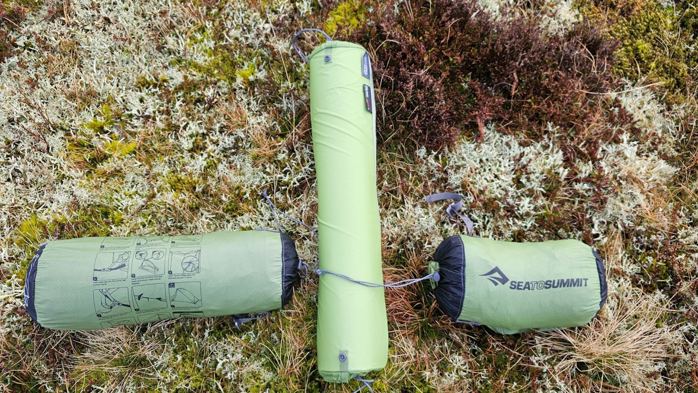 Comparison of packed gear items highlighting the compact size for hiking.