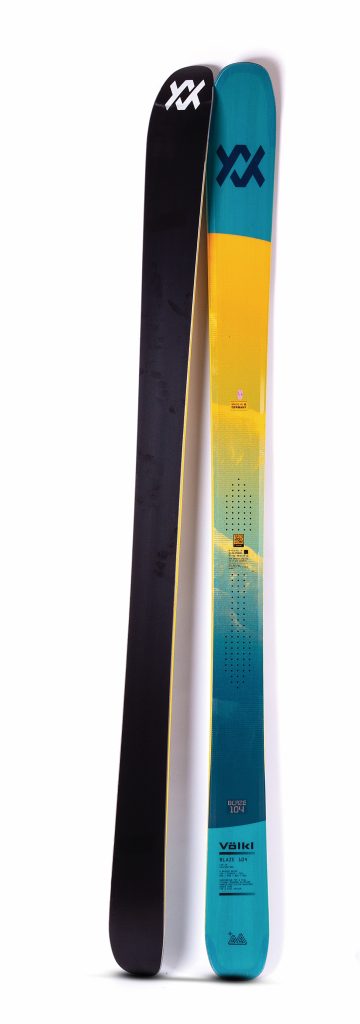 Völkl Blaze 104 skis showing the top sheet and sidecut design.