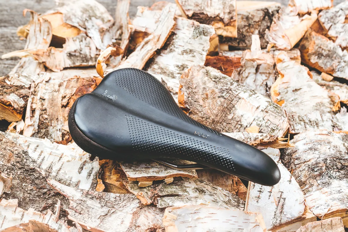 Side profile view of the WTB Volt mountain bike saddle showing its curved shape.