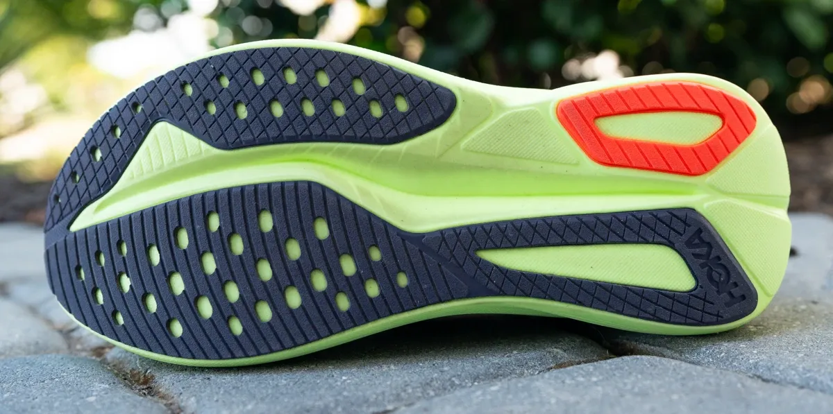 Detailed view of the rubberized EVA outsole of the HOKA Mach 7 showing the traction pattern.