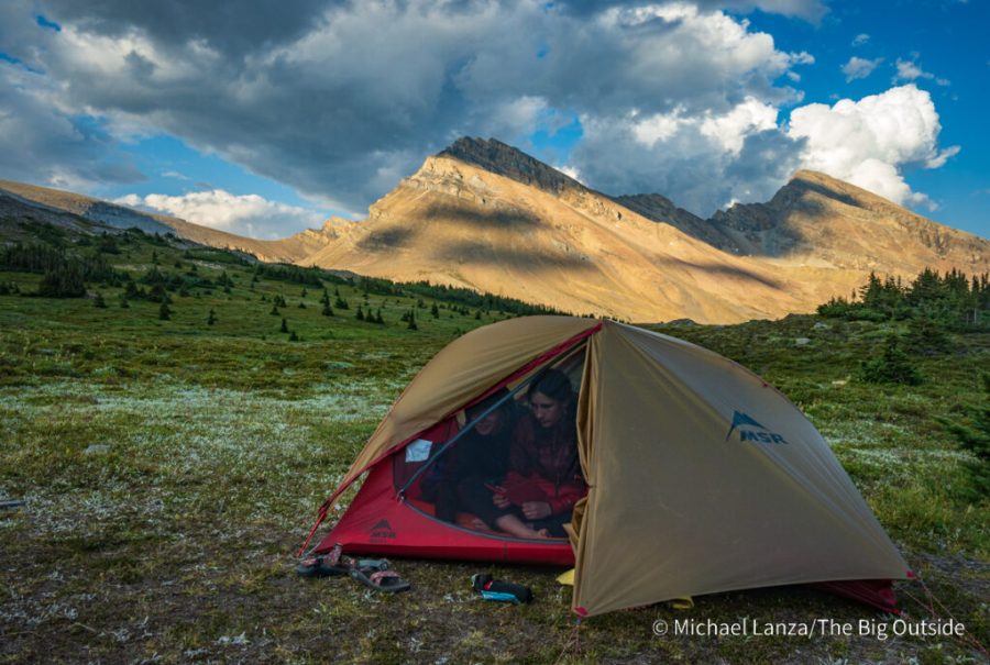 The MSR FreeLite 2 tent set up in a field.