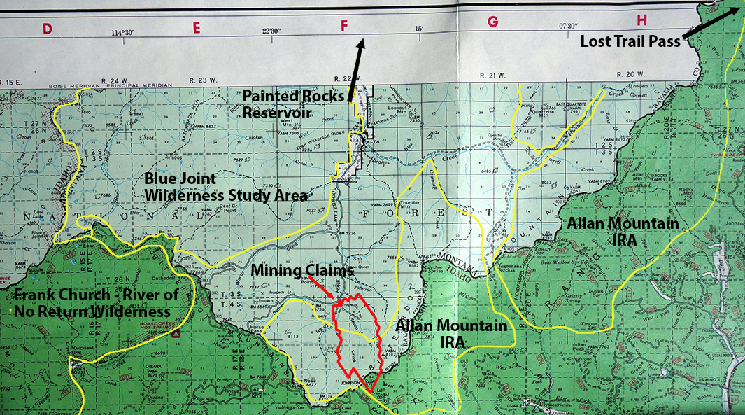 A regional map highlighting the rare earth element claim blocks at the south end of the Bitterroot River.