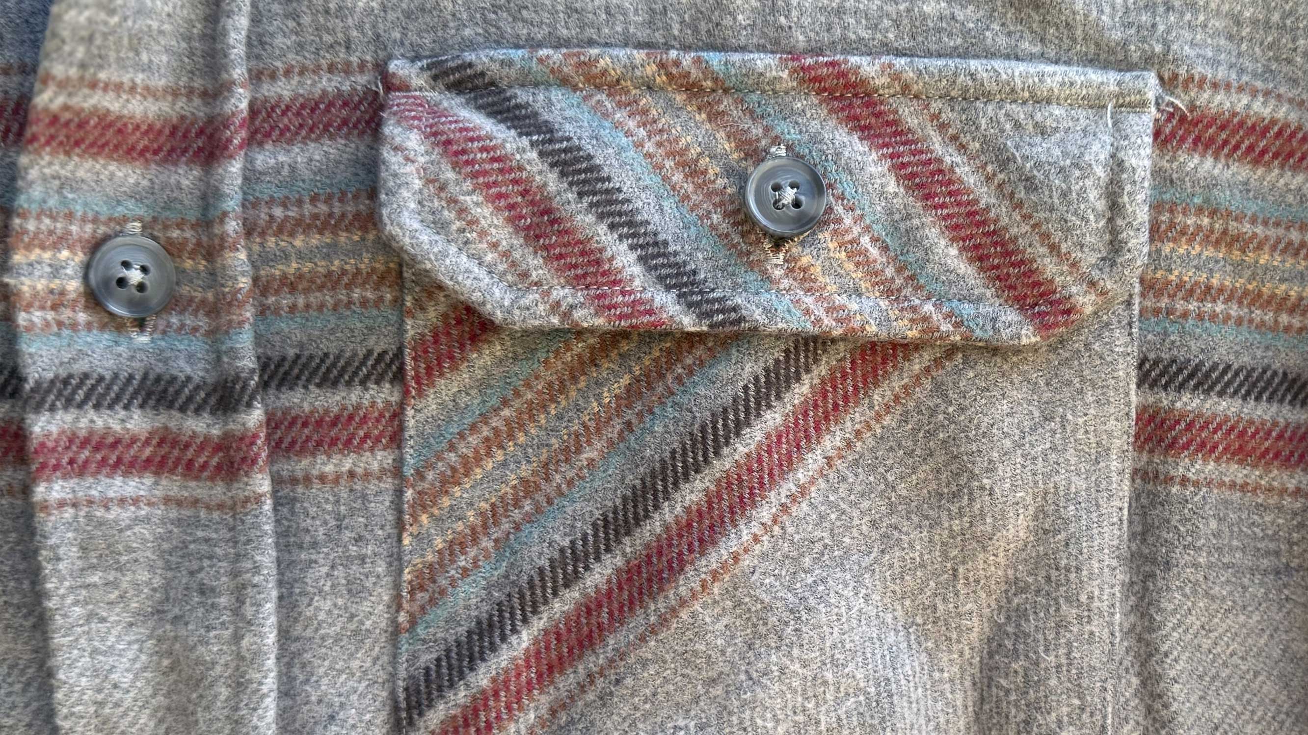 Close-up of the diagonal pattern-sewn front pockets on the Field Grand Flannel.