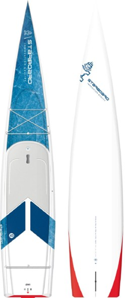 A sleek Starboard Waterline Carbon racing SUP on calm water.