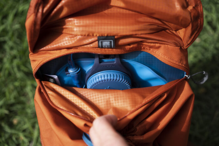 Internal view of a Gregory daypack showing the hydration reservoir sleeve.