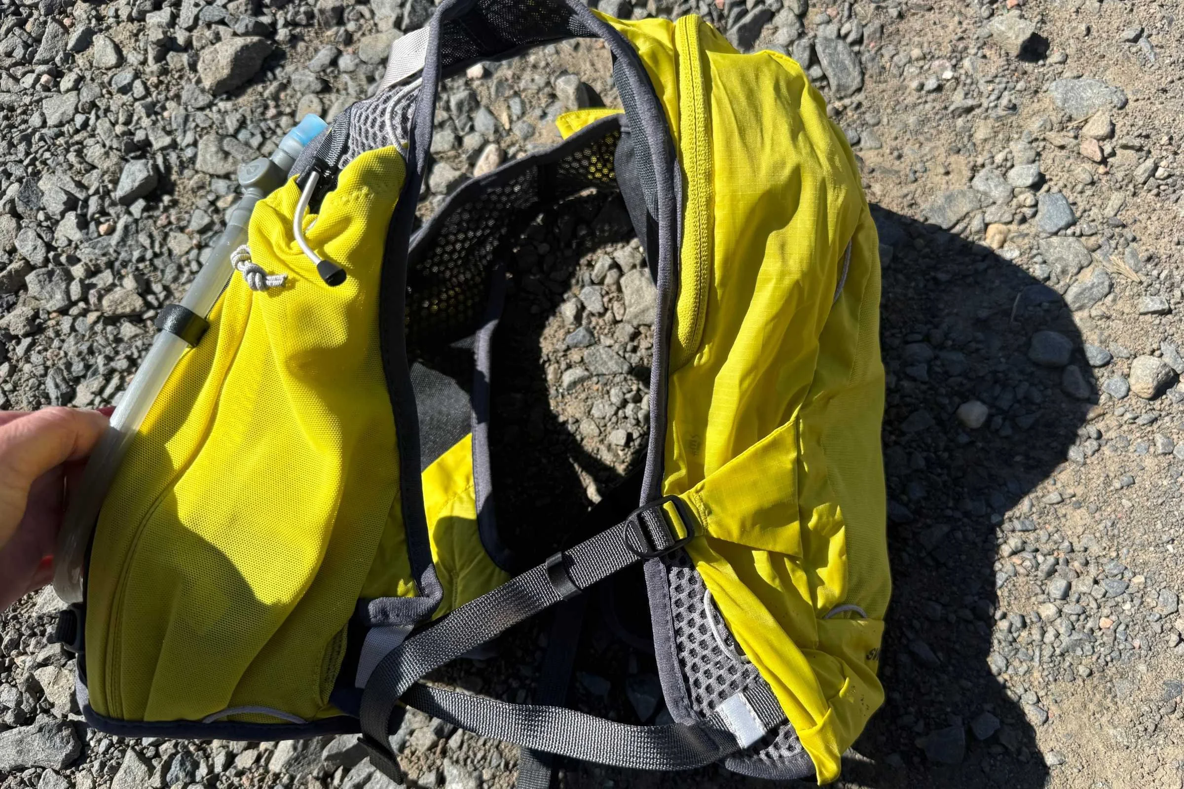 Close-up of the webbing connecting the shoulder straps and backpack section of the REI Swiftland