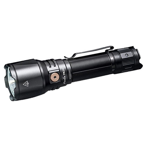 A professional black flashlight that features a secondary red light LED for night vision preservation.