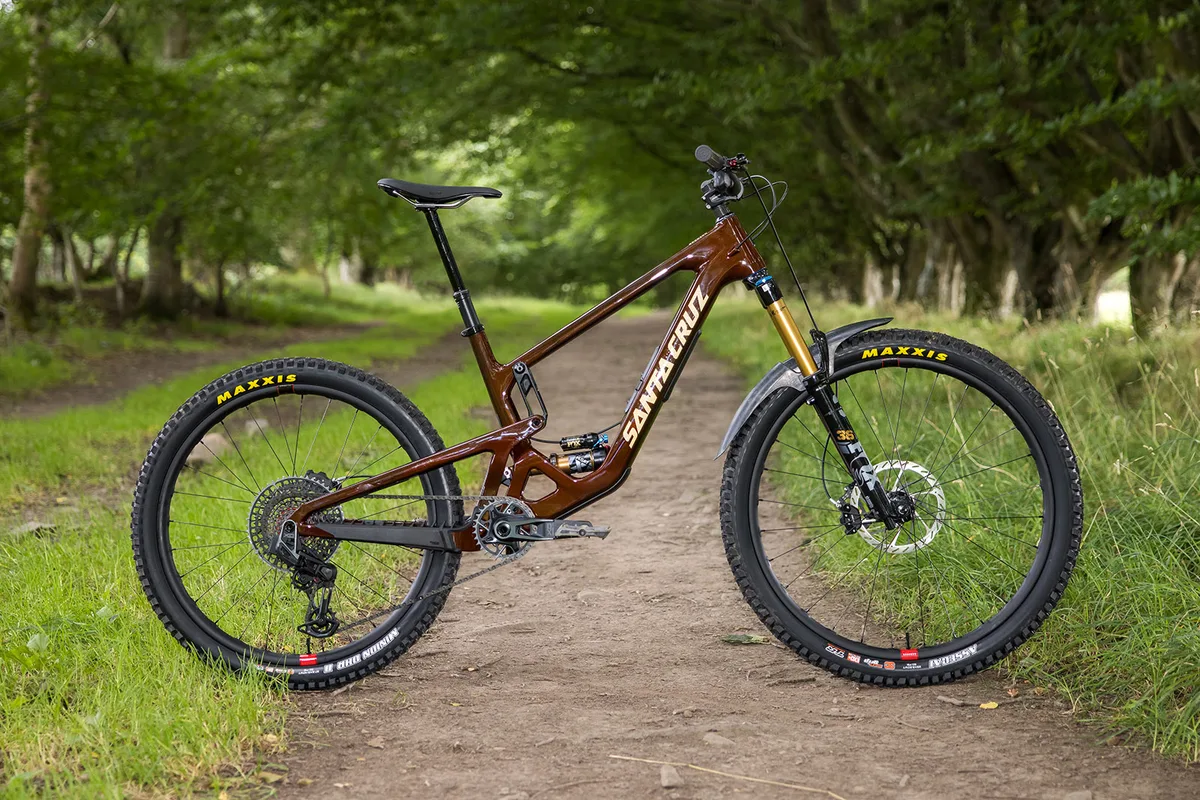 The fifth iteration of the Santa Cruz Bronson mountain bike in a professional studio shot.