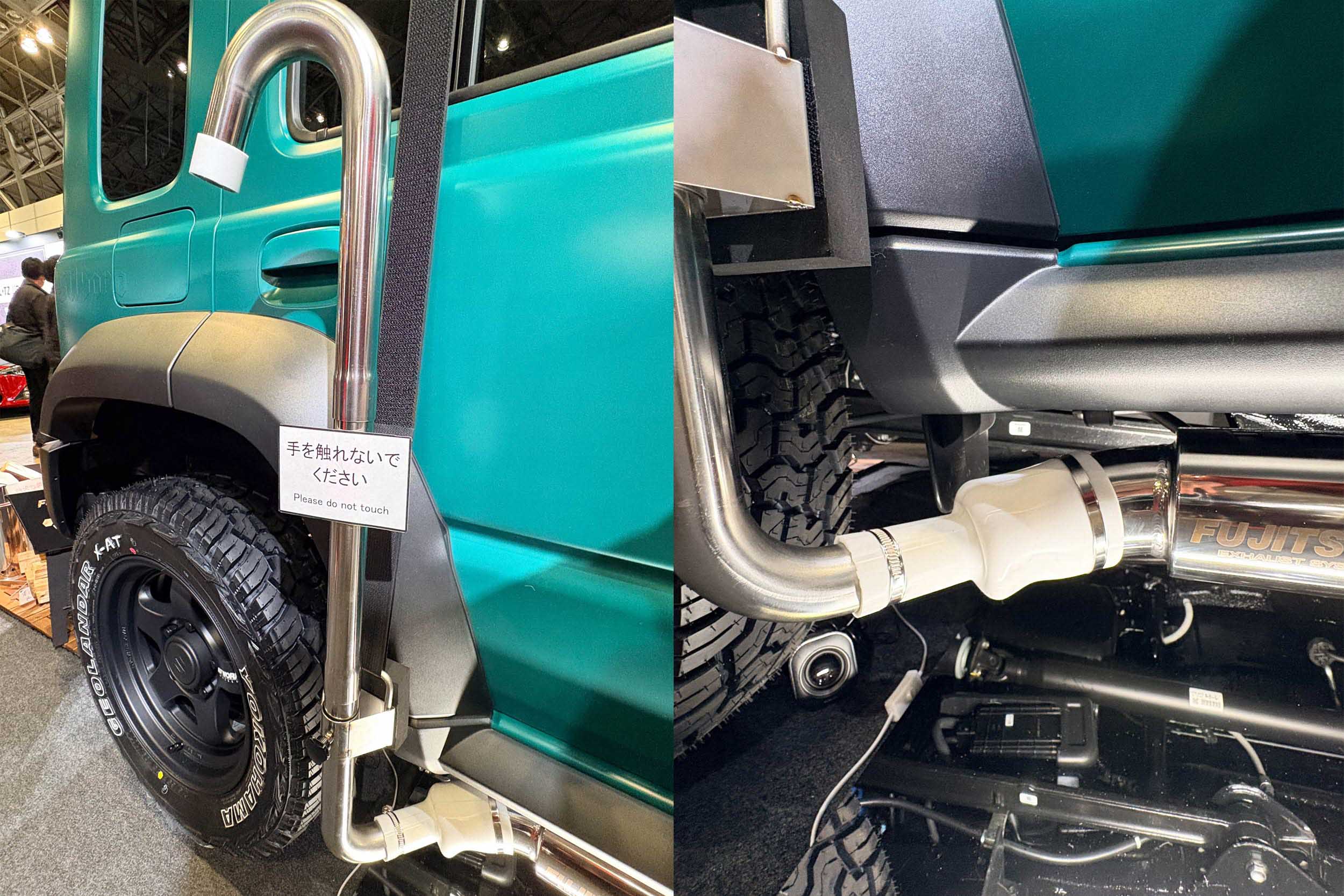 A vertical exhaust extension pipe attached to a vehicle for snow safety.